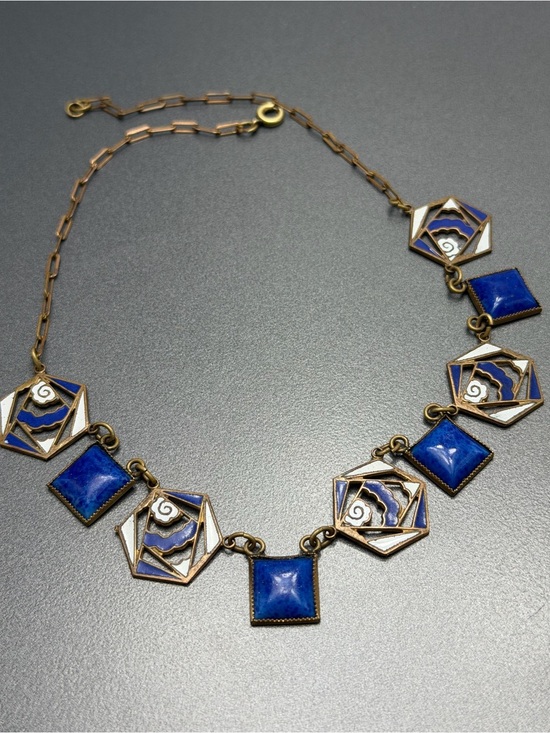 Champleve Enamel Jewelry - Vintage Champleve Enamel Blue Art Deco Necklace